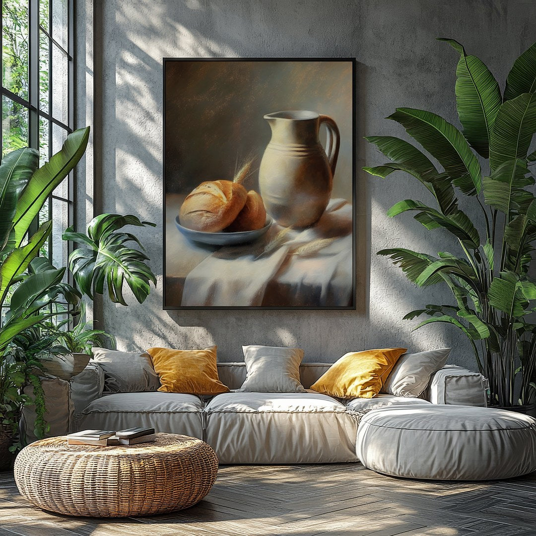 This art piece beautifully captures a timeless still life scene of freshly baked bread paired with for Balcony