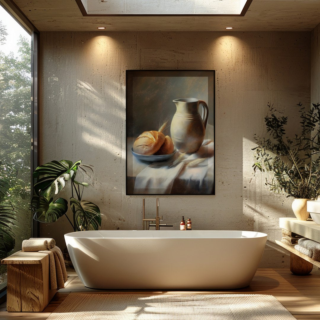 This art piece beautifully captures a timeless still life scene of freshly baked bread paired with for Bathroom