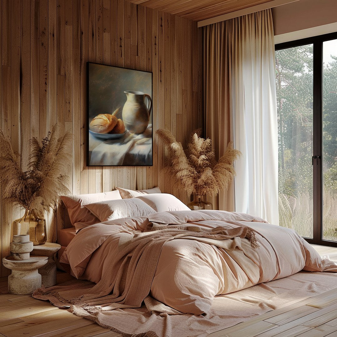 This art piece beautifully captures a timeless still life scene of freshly baked bread paired with for Bedroom