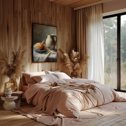 This art piece beautifully captures a timeless still life scene of freshly baked bread paired with for Bedroom