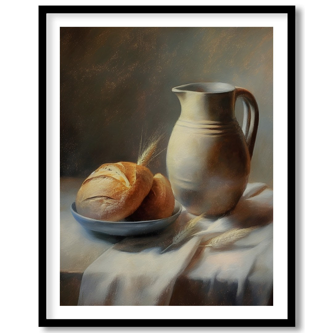 This art piece beautifully captures a timeless still life scene of freshly baked bread paired with for decor
