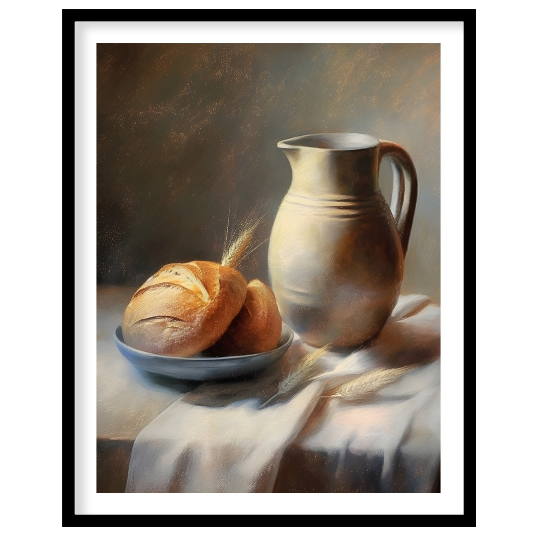 This art piece beautifully captures a timeless still life scene of freshly baked bread paired with for decor