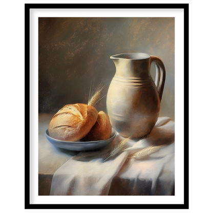 This art piece beautifully captures a timeless still life scene of freshly baked bread paired with for decor