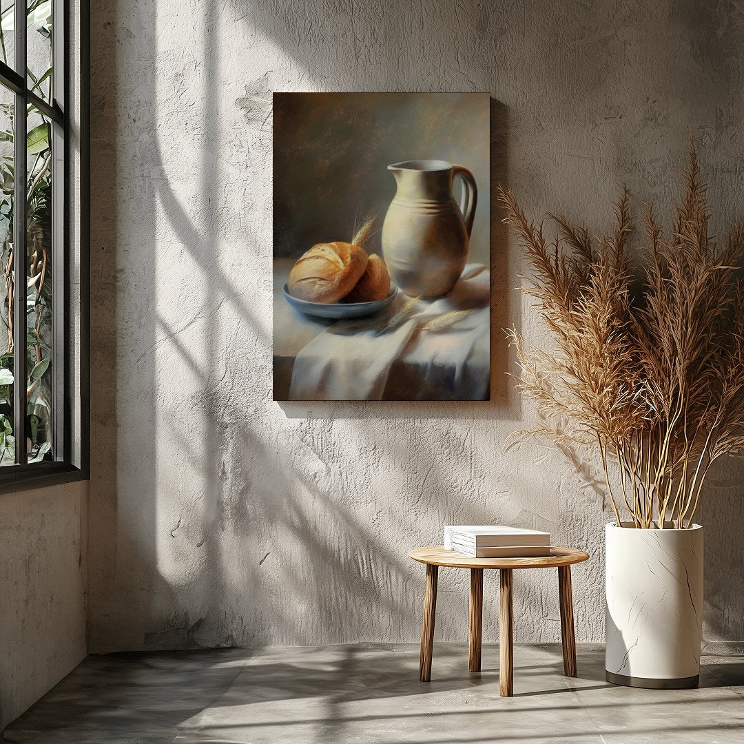 This art piece beautifully captures a timeless still life scene of freshly baked bread paired with for Entrance