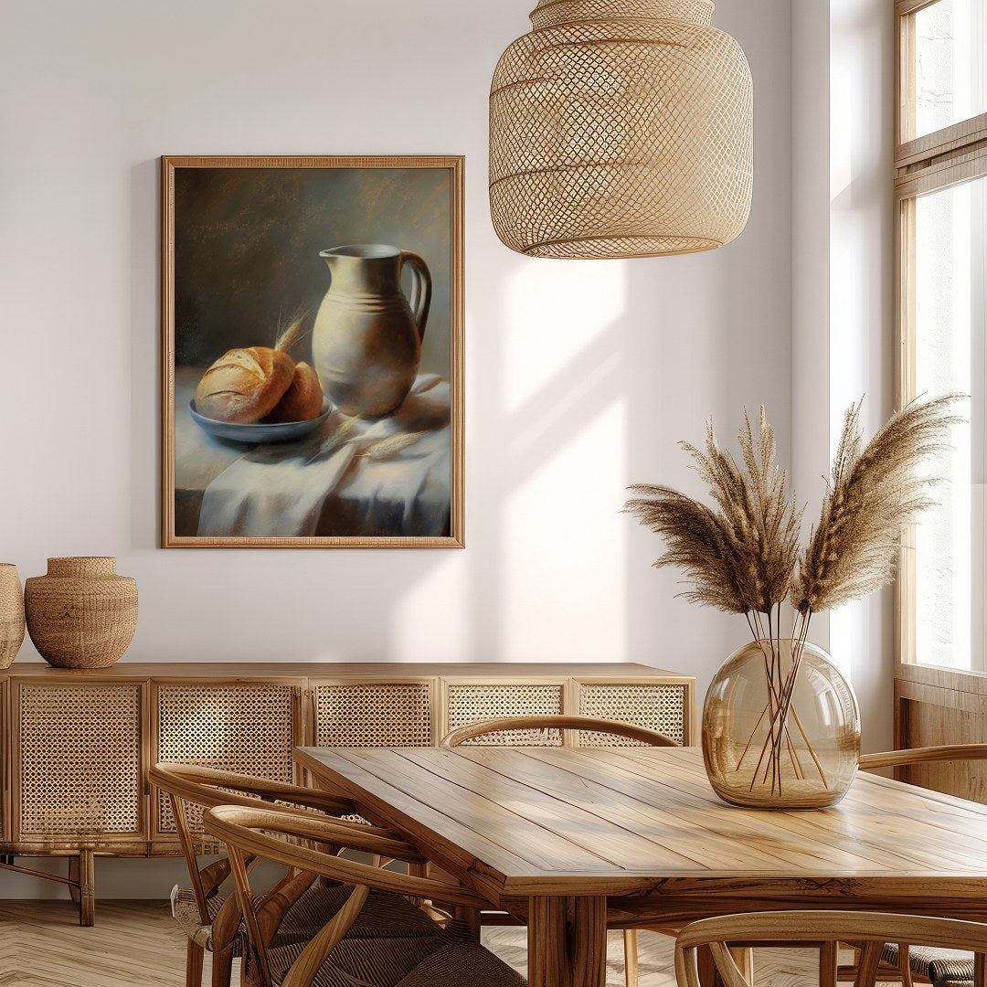 This art piece beautifully captures a timeless still life scene of freshly baked bread paired with for Extra Kitchen