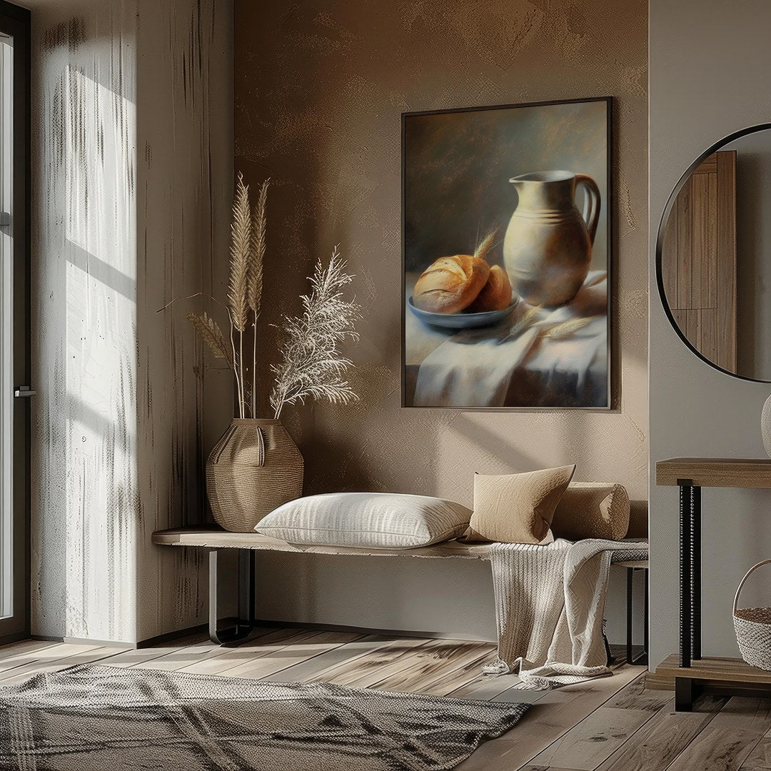 This art piece beautifully captures a timeless still life scene of freshly baked bread paired with for gallery