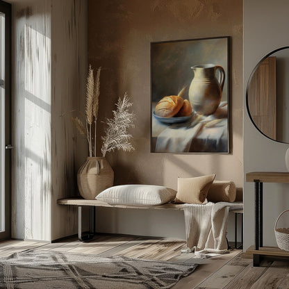 This art piece beautifully captures a timeless still life scene of freshly baked bread paired with for gallery