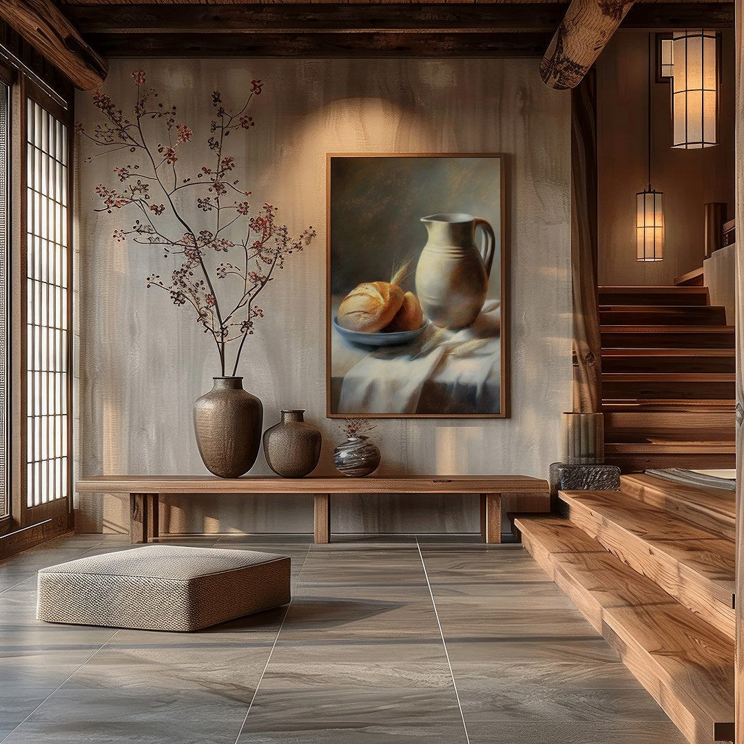This art piece beautifully captures a timeless still life scene of freshly baked bread paired with for Hall