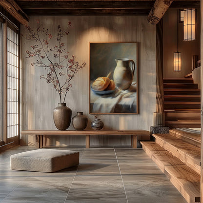 This art piece beautifully captures a timeless still life scene of freshly baked bread paired with for Hall