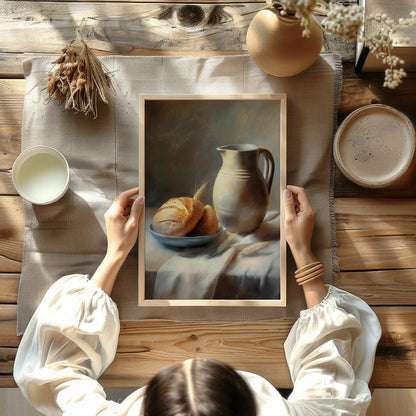 This art piece beautifully captures a timeless still life scene of freshly baked bread paired with for Kitchen