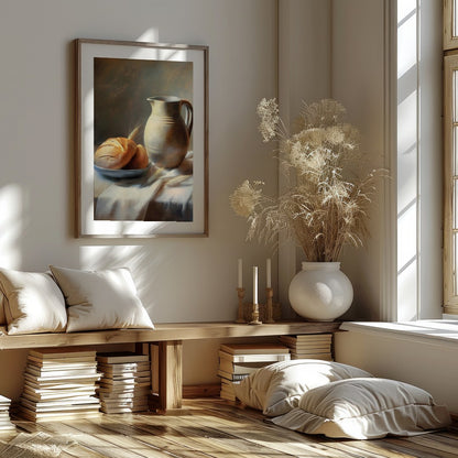 This art piece beautifully captures a timeless still life scene of freshly baked bread paired with for office
