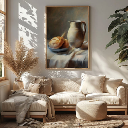 This art piece beautifully captures a timeless still life scene of freshly baked bread paired with for Sitting Area
