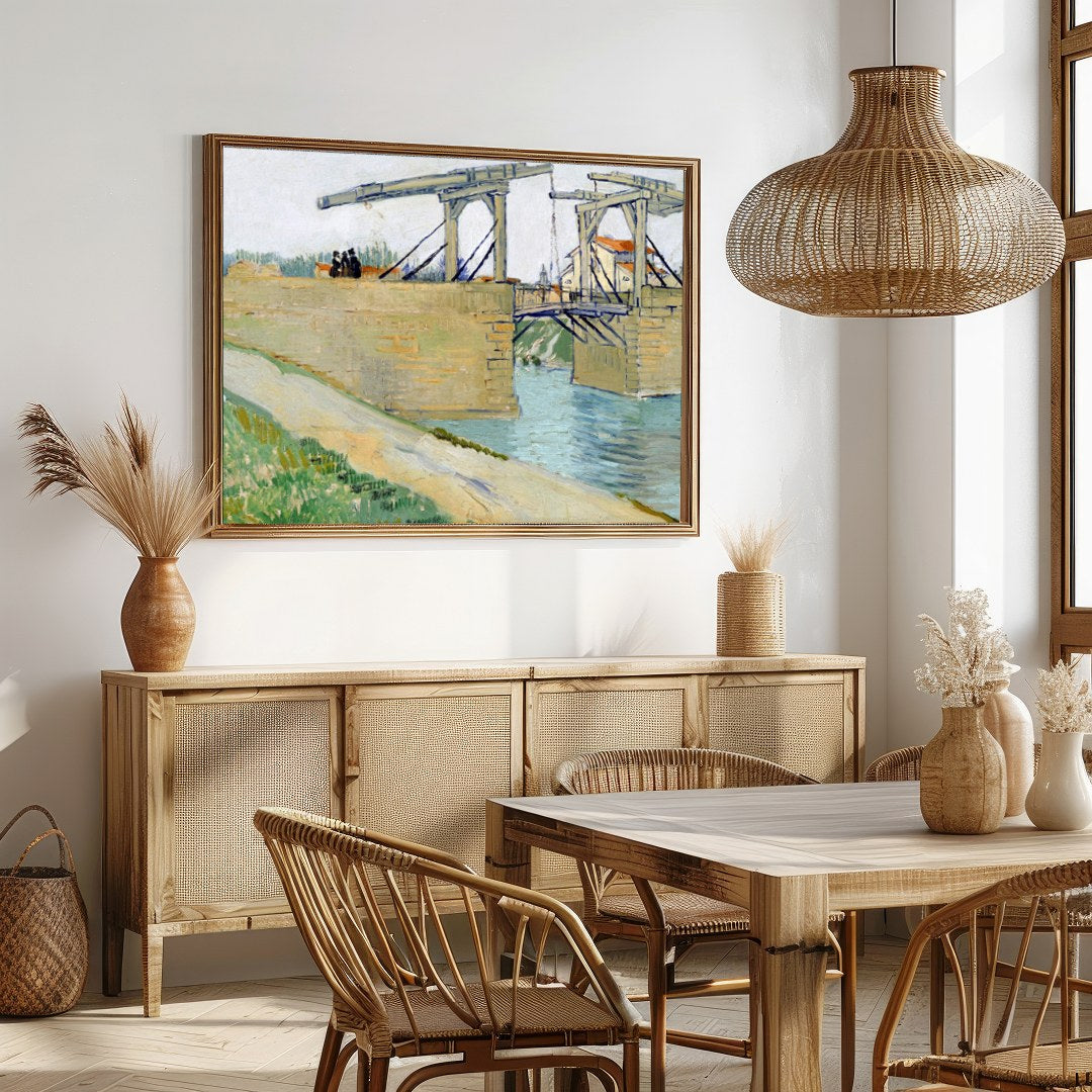 Elevate your space with this classic depiction of a rustic bridge over a tranquil canal. The soft for Dining