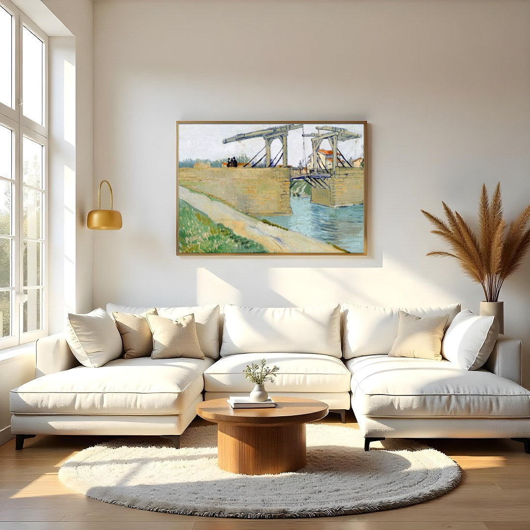 Elevate your space with this classic depiction of a rustic bridge over a tranquil canal. The soft for Living Room