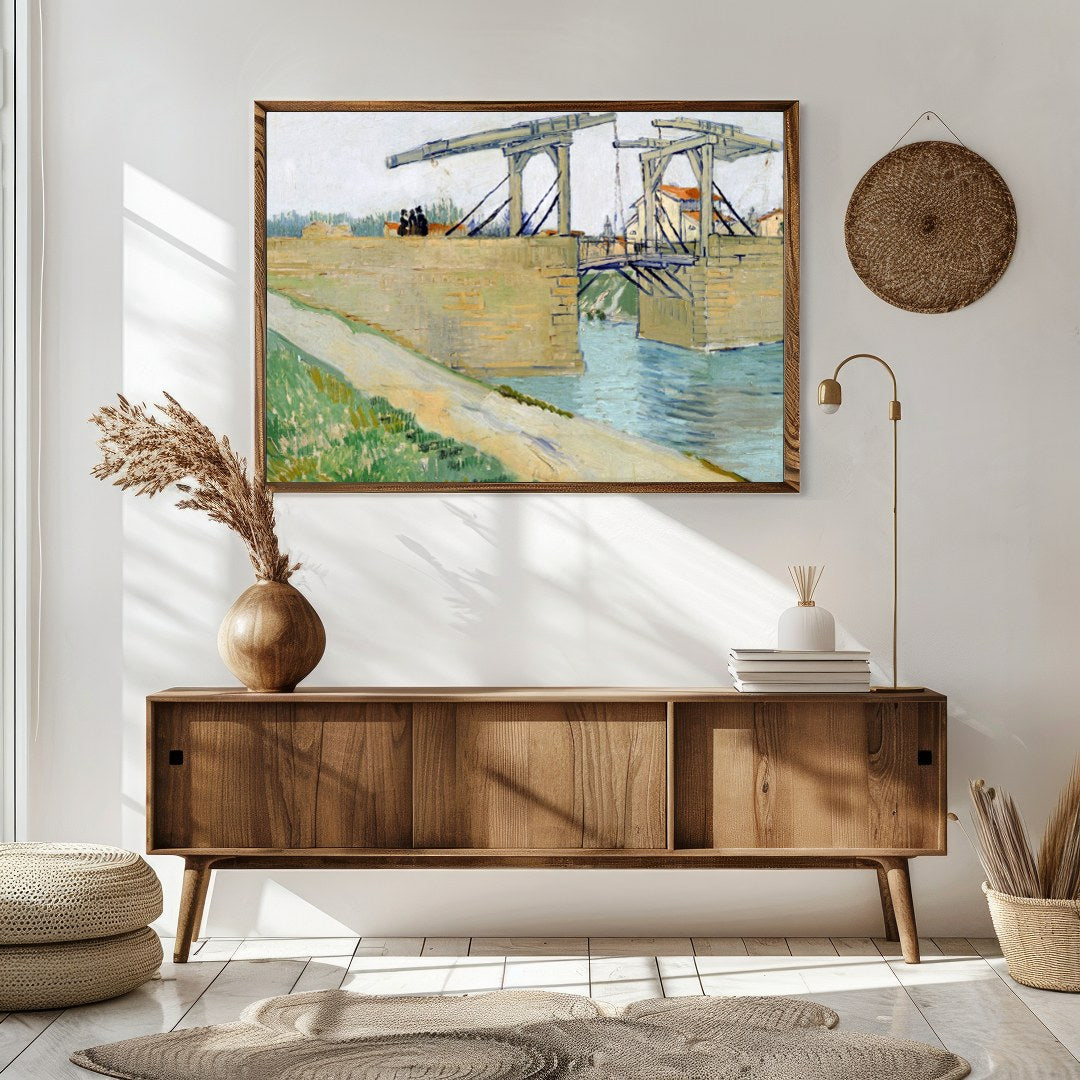 Elevate your space with this classic depiction of a rustic bridge over a tranquil canal. The soft for Sitting Area