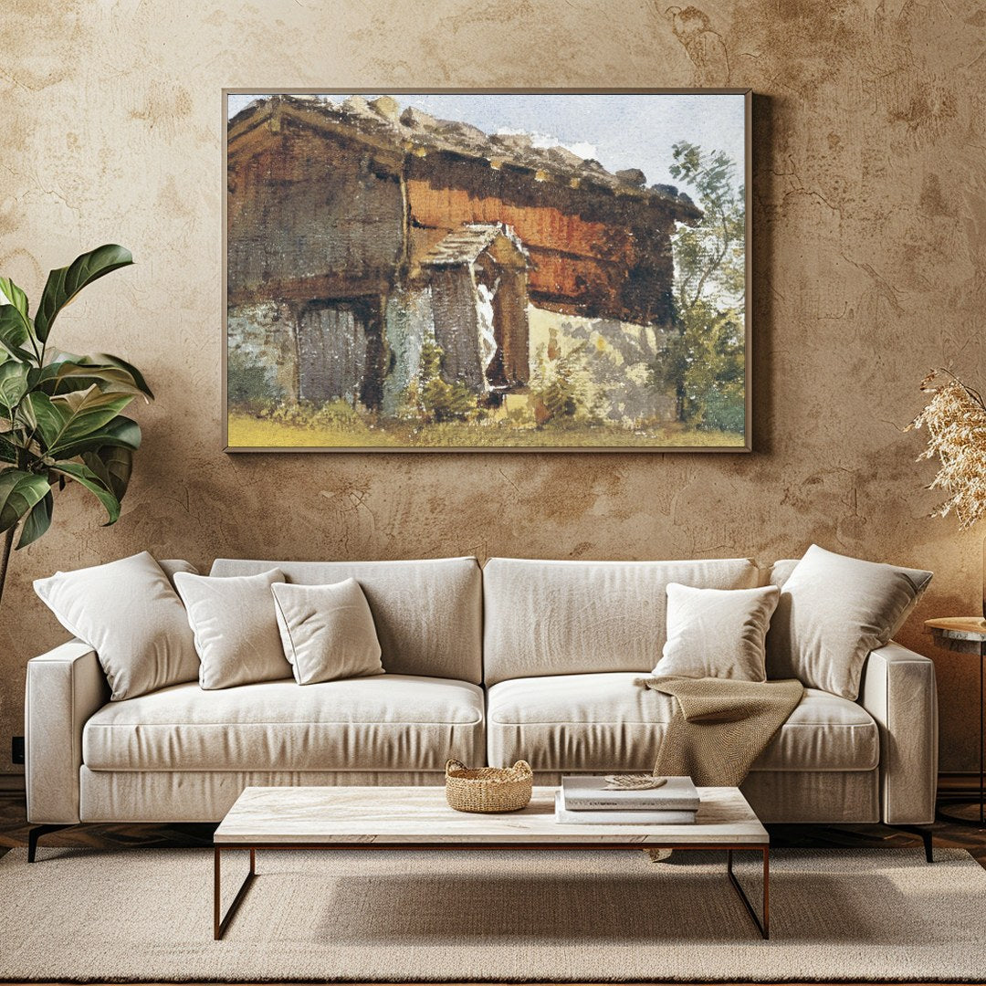 Capture the serene beauty of pastoral life with this exquisite depiction of a timeworn cottage for Family Room