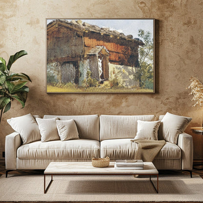 Capture the serene beauty of pastoral life with this exquisite depiction of a timeworn cottage for Family Room