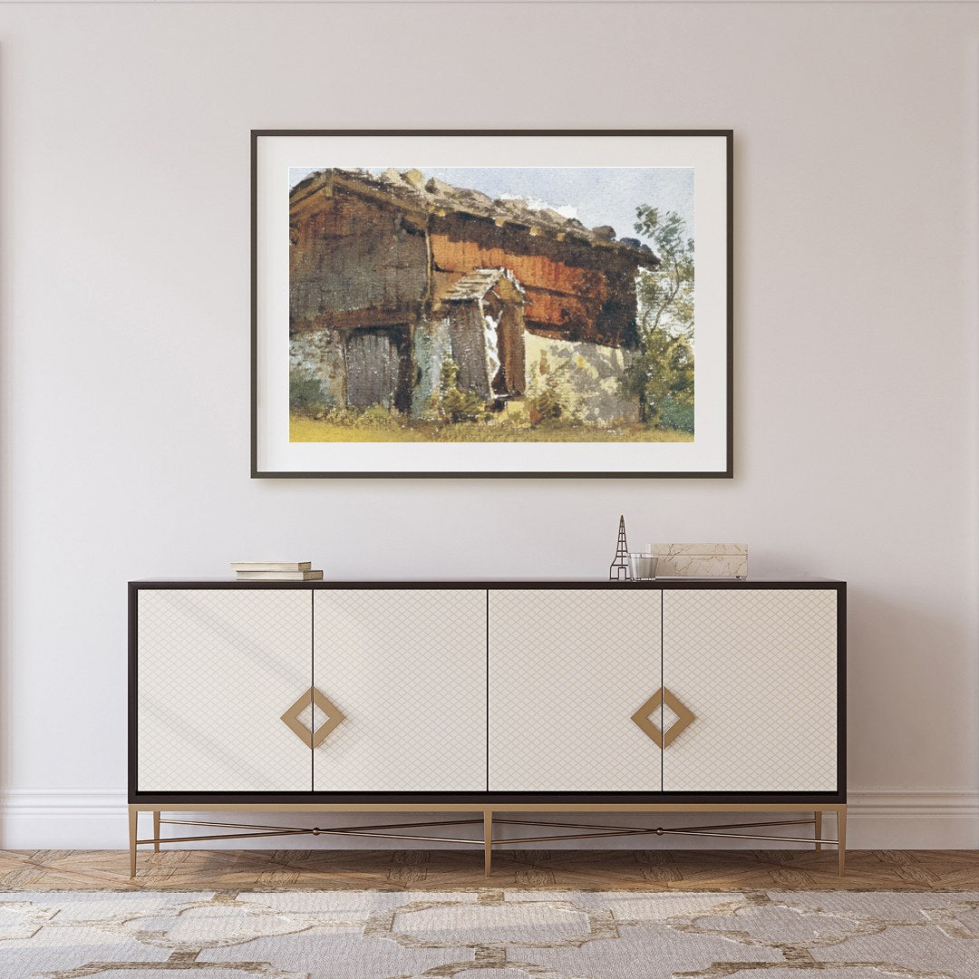 Capture the serene beauty of pastoral life with this exquisite depiction of a timeworn cottage for Foyer