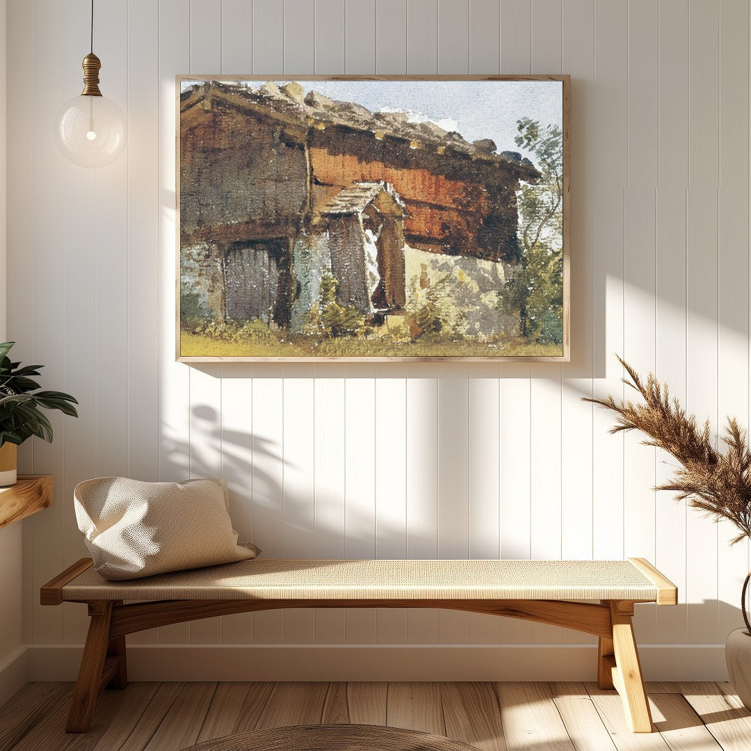Capture the serene beauty of pastoral life with this exquisite depiction of a timeworn cottage for Hallway