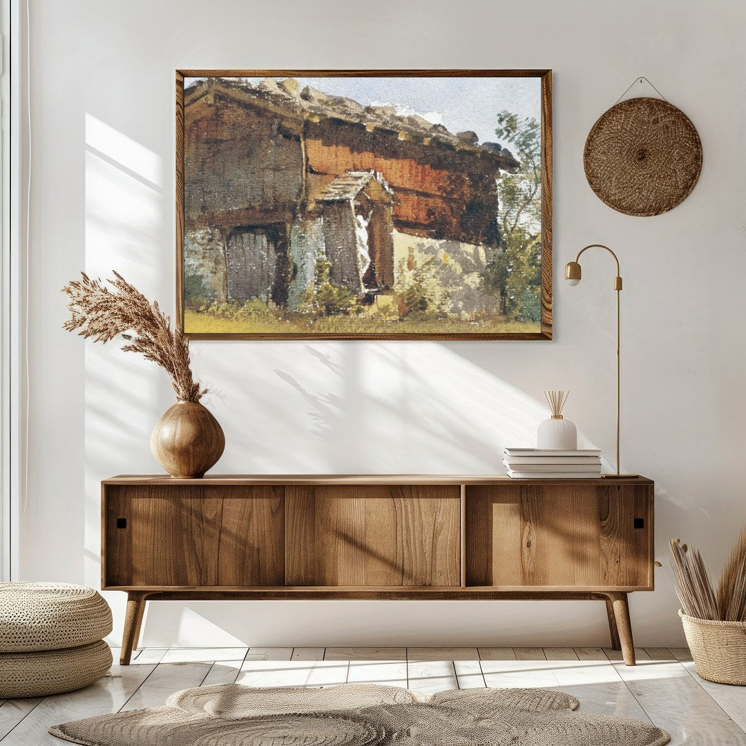 Capture the serene beauty of pastoral life with this exquisite depiction of a timeworn cottage for Sitting Area