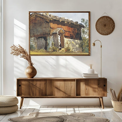 Capture the serene beauty of pastoral life with this exquisite depiction of a timeworn cottage for Sitting Area
