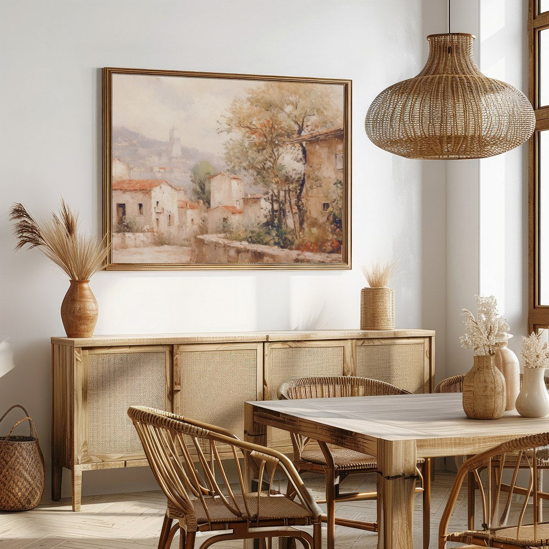 Immerse yourself in the serene ambiance of a picturesque village with this exquisite wall art. for Dining