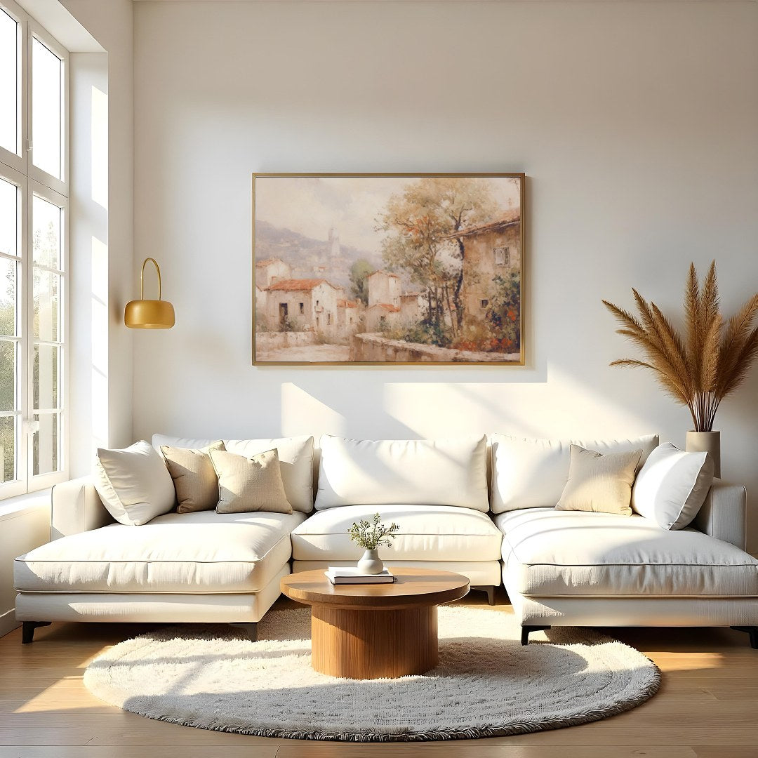 Immerse yourself in the serene ambiance of a picturesque village with this exquisite wall art. for Living Room