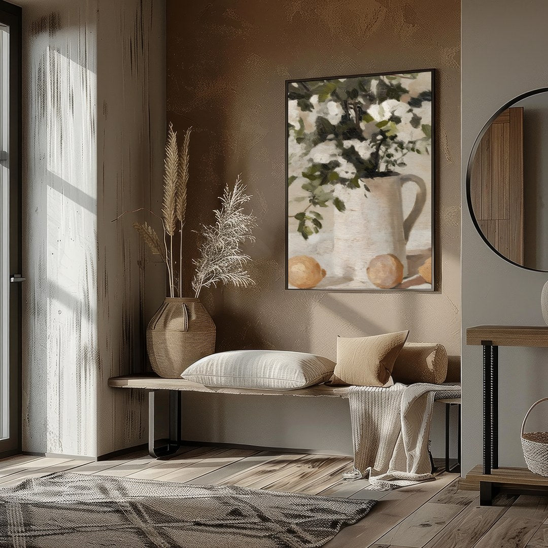 Elevate your space with this evocative still life painting, showcasing a serene arrangement of for abode