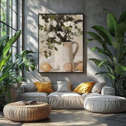 Elevate your space with this evocative still life painting, showcasing a serene arrangement of for Balcony