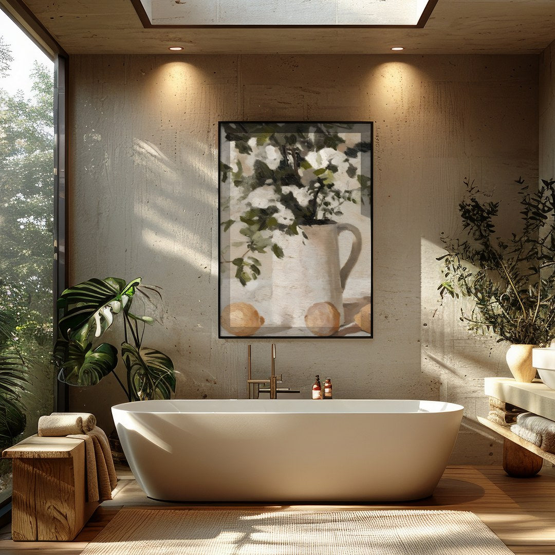 Elevate your space with this evocative still life painting, showcasing a serene arrangement of for Bathroom