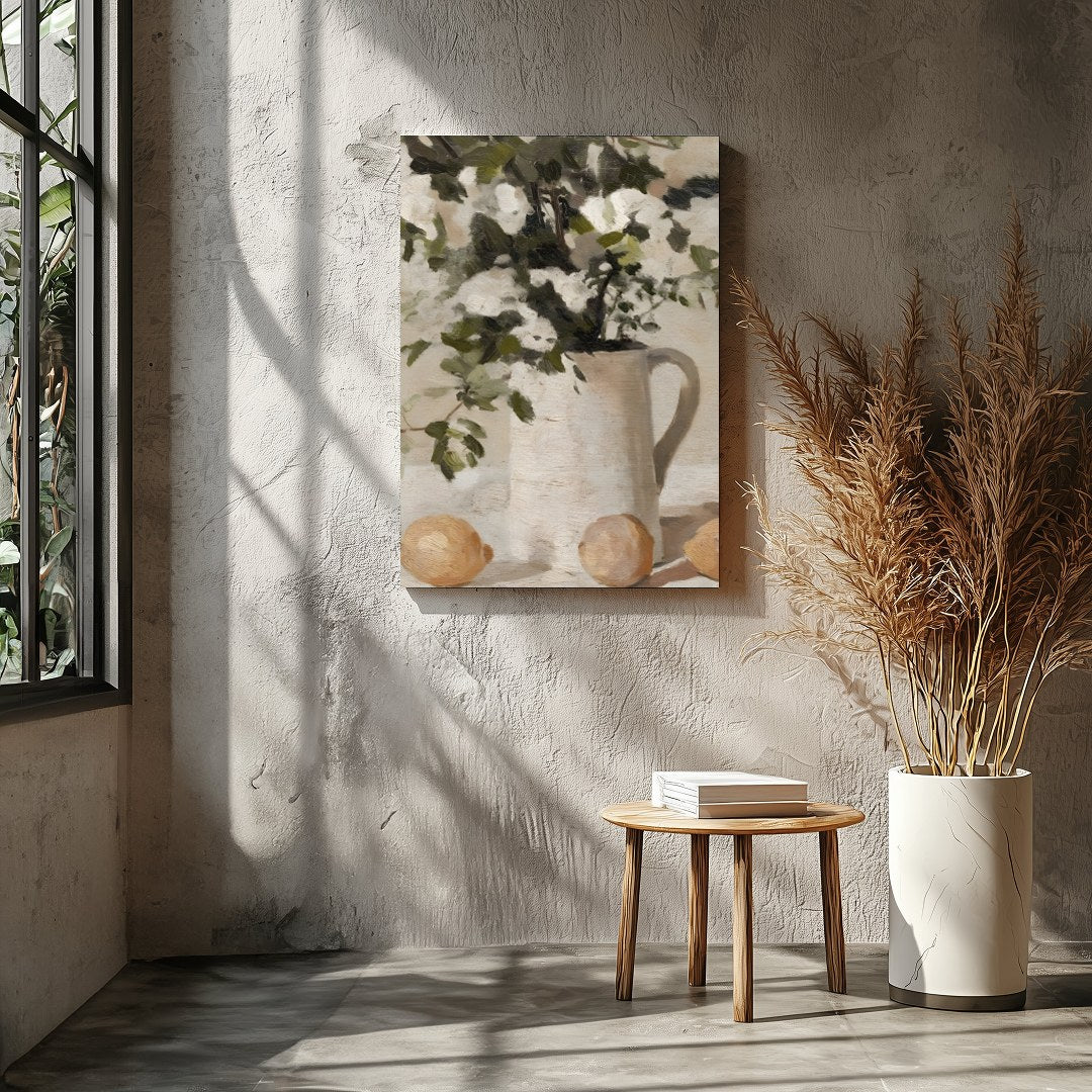Elevate your space with this evocative still life painting, showcasing a serene arrangement of for Entrance