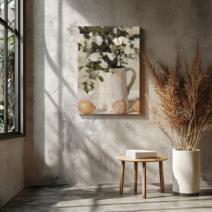 Elevate your space with this evocative still life painting, showcasing a serene arrangement of for Entrance