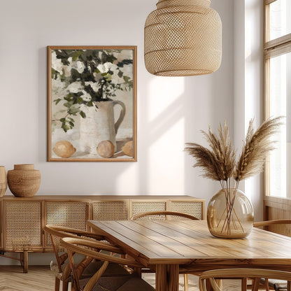 Elevate your space with this evocative still life painting, showcasing a serene arrangement of for Extra Kitchen