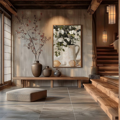 Elevate your space with this evocative still life painting, showcasing a serene arrangement of for Hall