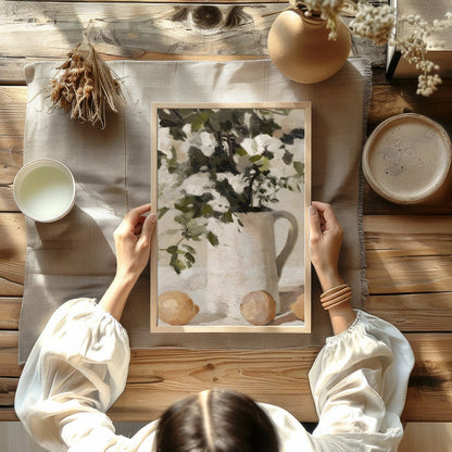 Elevate your space with this evocative still life painting, showcasing a serene arrangement of for Kitchen