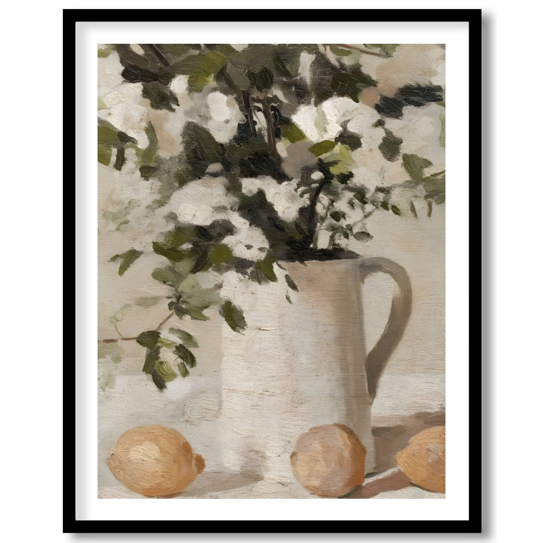 Elevate your space with this evocative still life painting, showcasing a serene arrangement of for loft