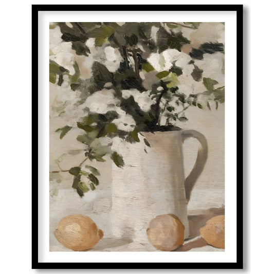 Elevate your space with this evocative still life painting, showcasing a serene arrangement of for loft