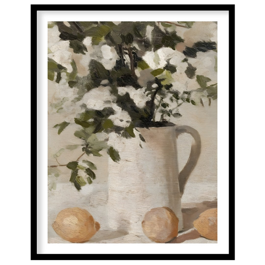 Elevate your space with this evocative still life painting, showcasing a serene arrangement of for loft