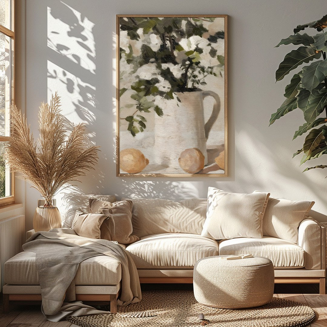Elevate your space with this evocative still life painting, showcasing a serene arrangement of for Sitting Area