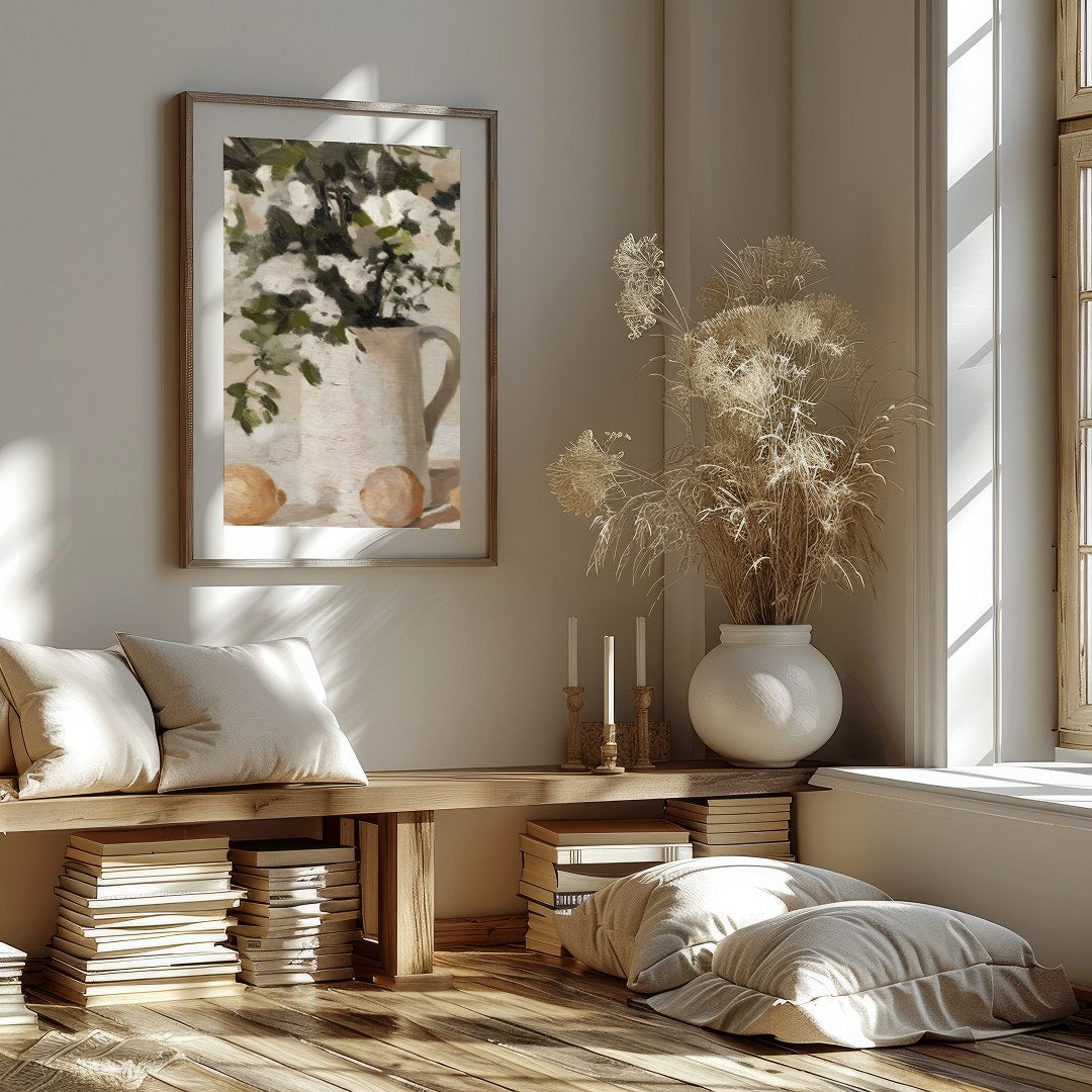 Elevate your space with this evocative still life painting, showcasing a serene arrangement of for space