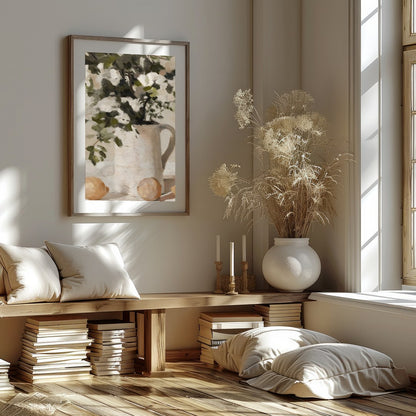 Elevate your space with this evocative still life painting, showcasing a serene arrangement of for space