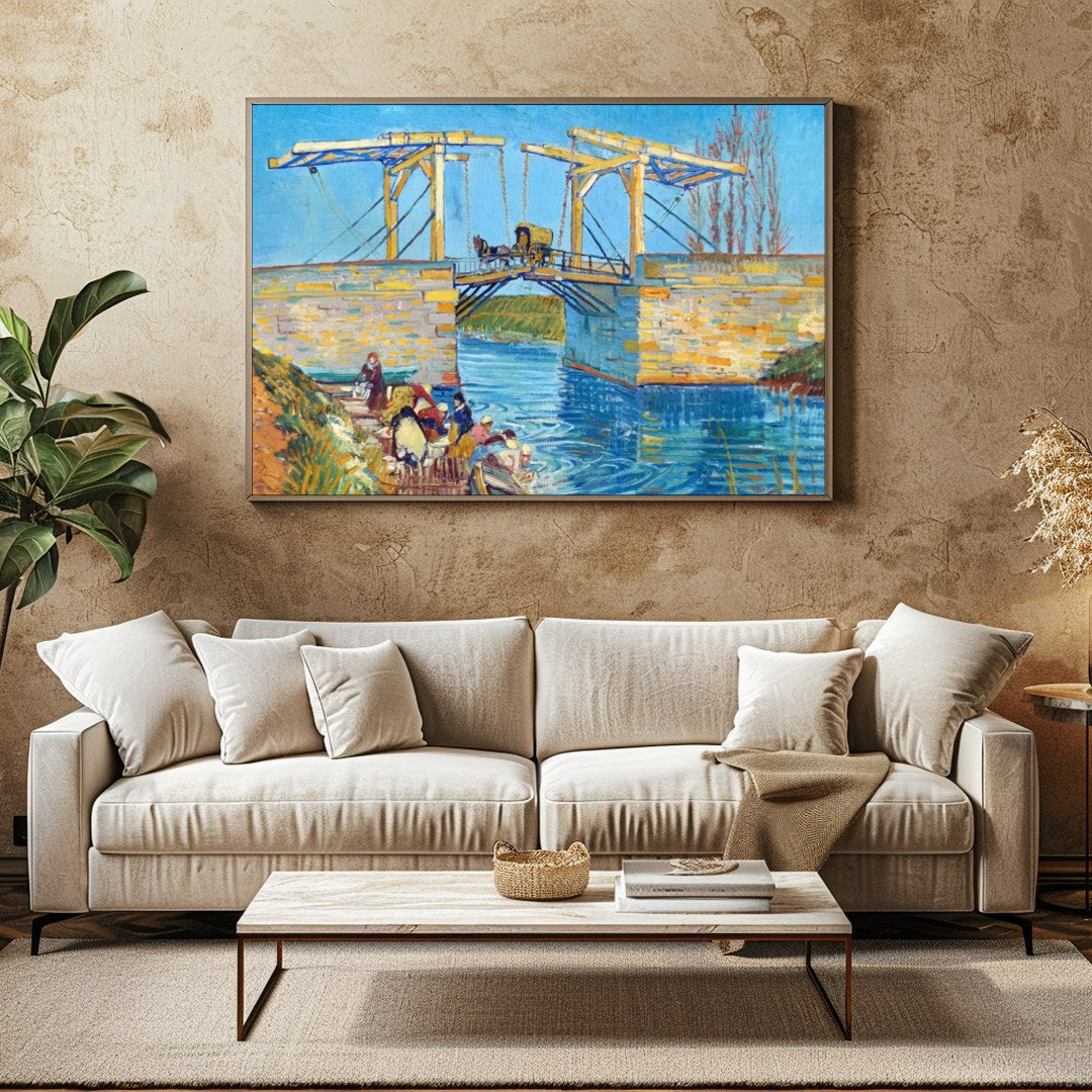 This exquisite artwork captures the serene beauty of a rural scene with the Langlois Bridge. The for Family Room