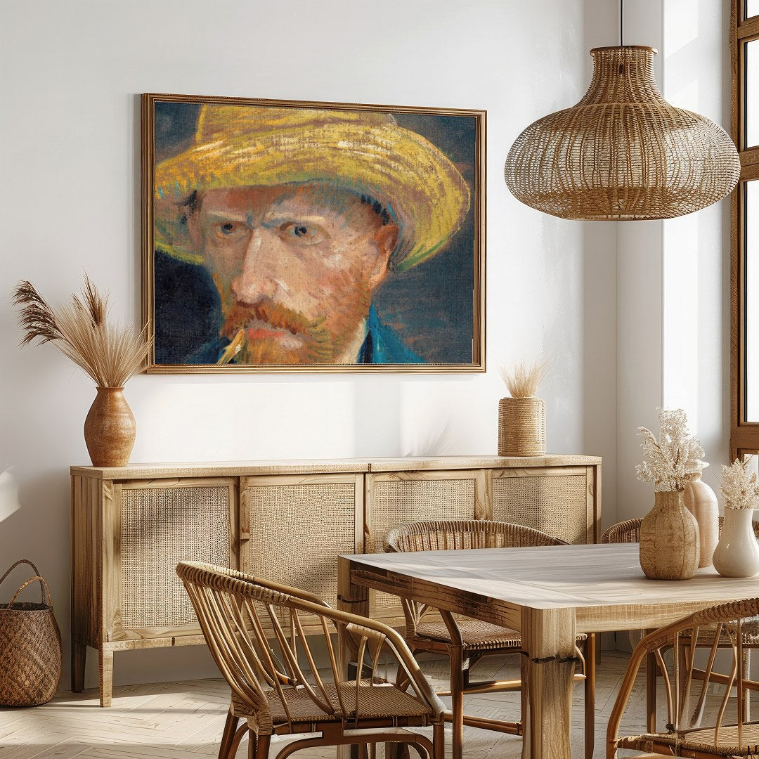 This captivating artwork presents a portrait of a bearded man in a straw hat, exuding a rustic for Dining