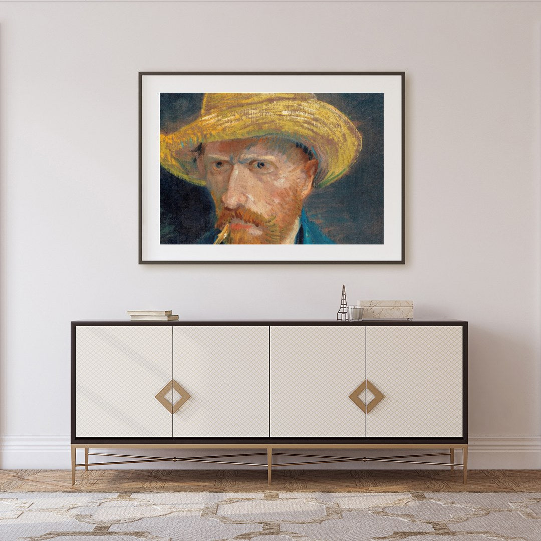 This captivating artwork presents a portrait of a bearded man in a straw hat, exuding a rustic for Foyer