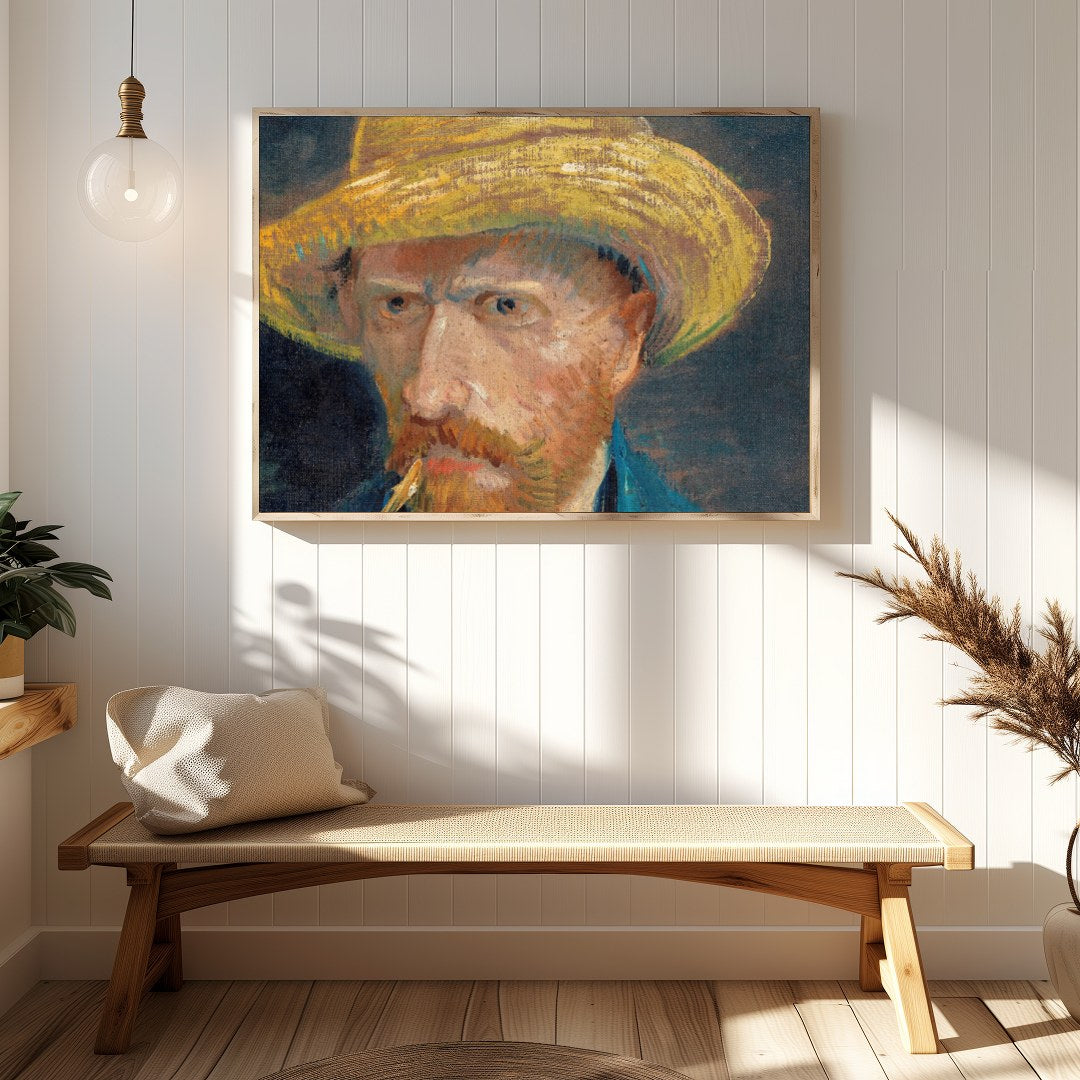 This captivating artwork presents a portrait of a bearded man in a straw hat, exuding a rustic for gallery