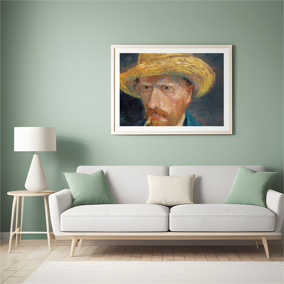 This captivating artwork presents a portrait of a bearded man in a straw hat, exuding a rustic for Hall