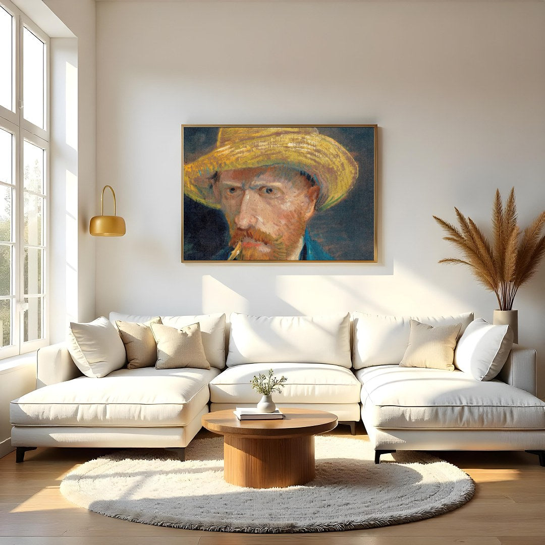 This captivating artwork presents a portrait of a bearded man in a straw hat, exuding a rustic for Living Room