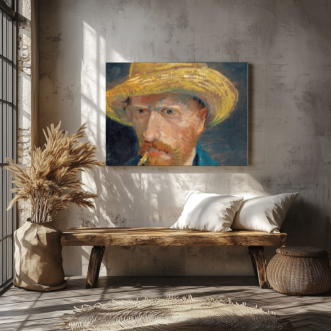 This captivating artwork presents a portrait of a bearded man in a straw hat, exuding a rustic for Veranda