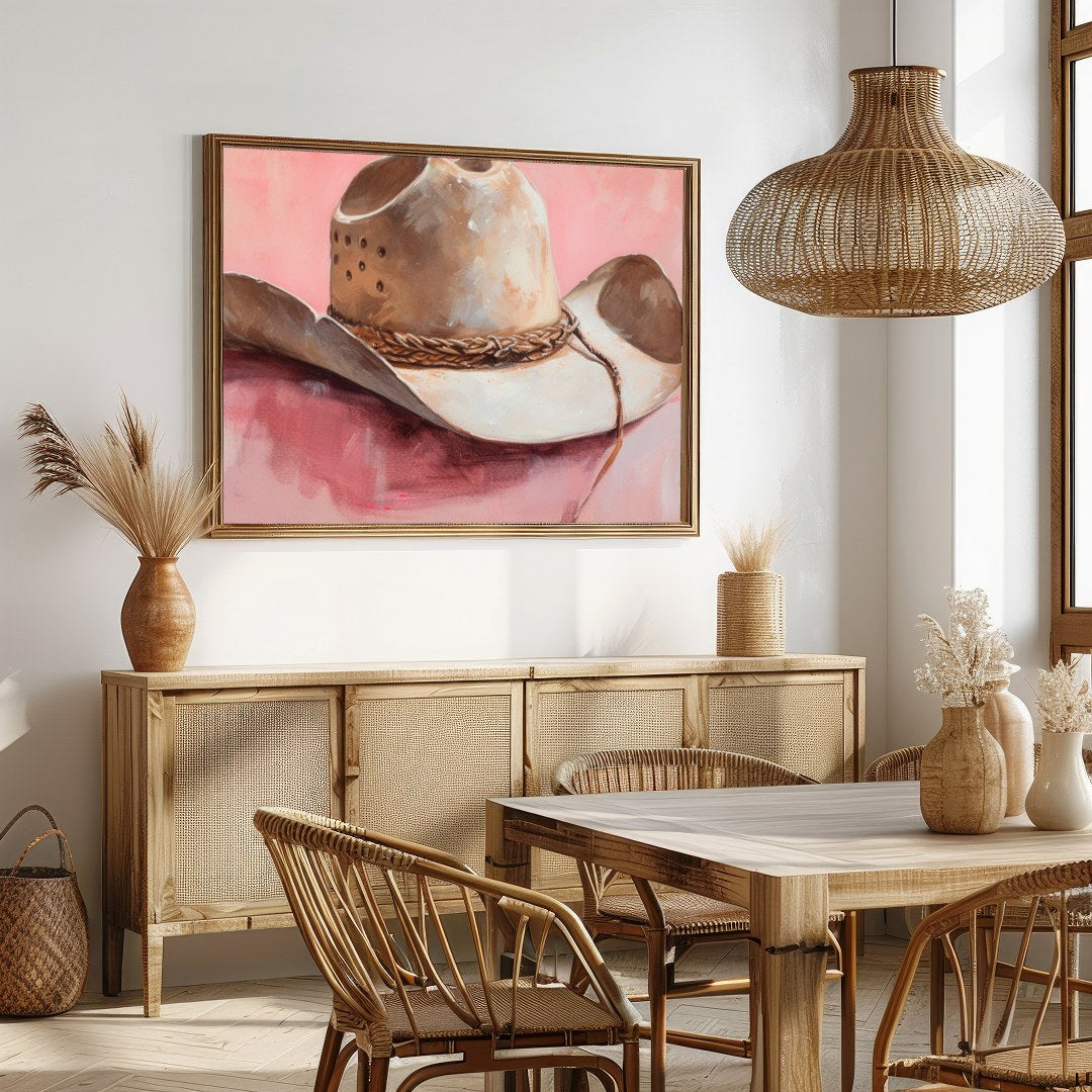 Capture the essence of the Wild West with this captivating artwork featuring a classic cowboy hat. for Dining
