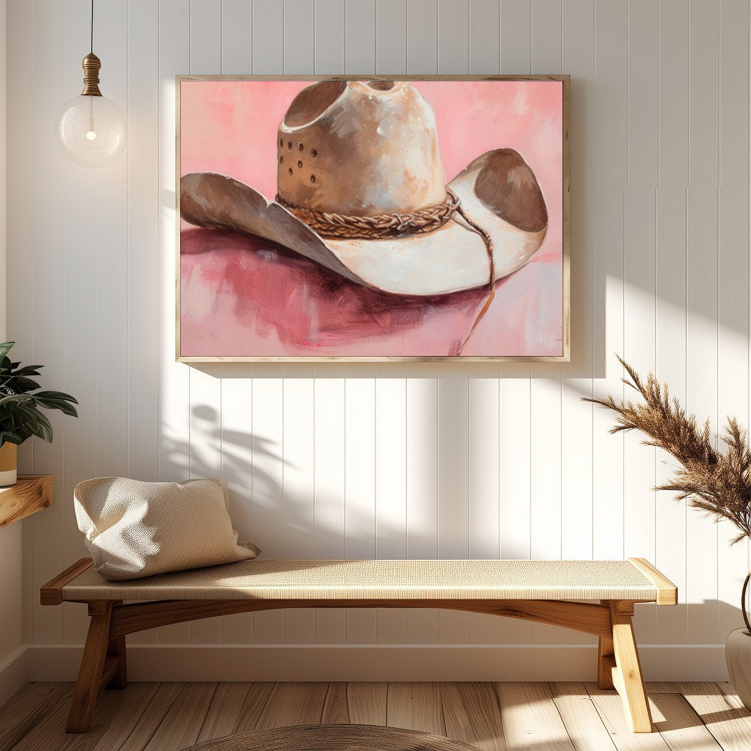 Capture the essence of the Wild West with this captivating artwork featuring a classic cowboy hat. for Hallway